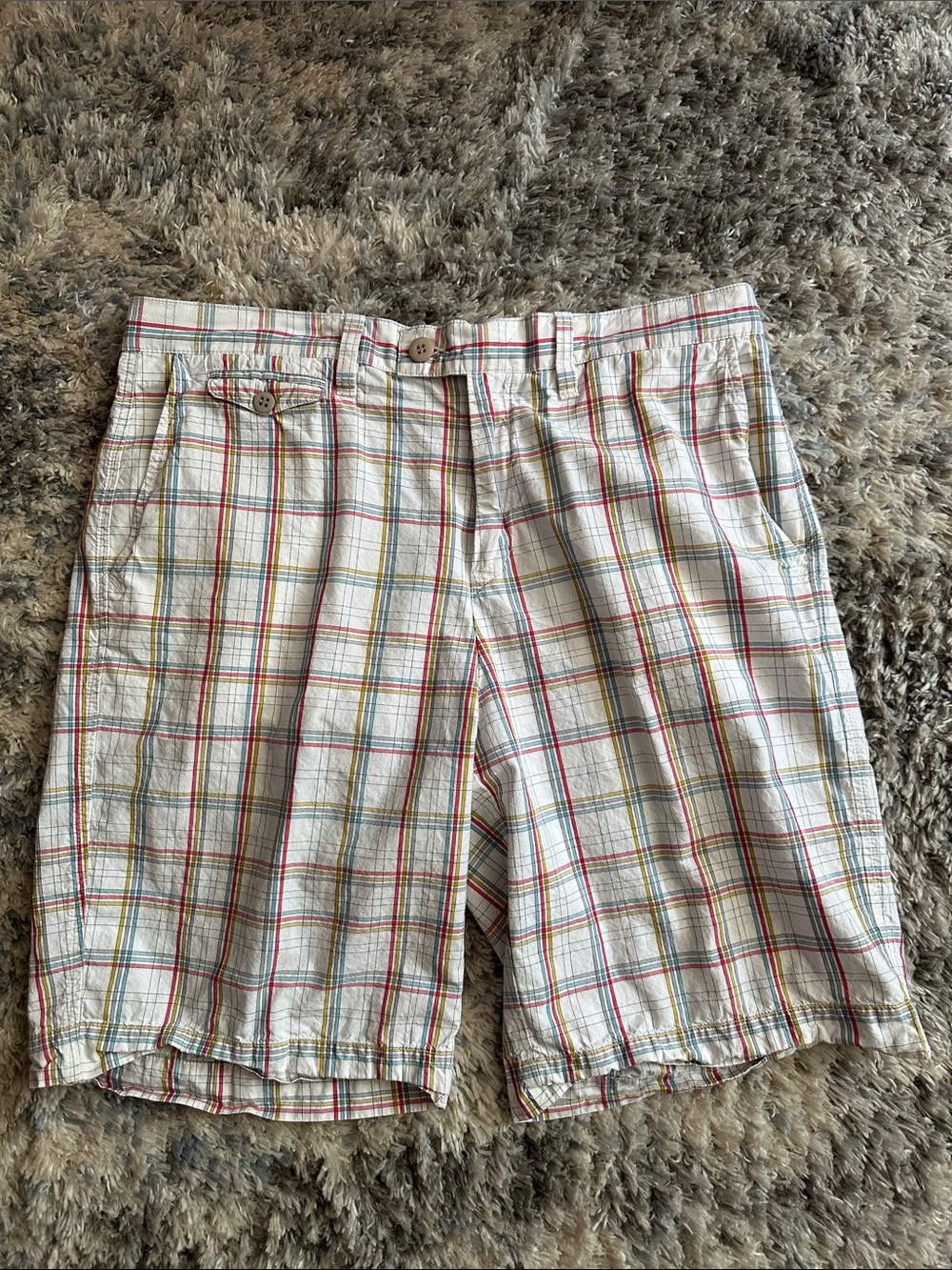 Lacoste Men's White Plaid Cotton Shorts with Red/Gray/Blue Stripes